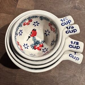 Polish Pottery Measuring Cup Set with Red Bird Design (selling all 4 as 1 set)